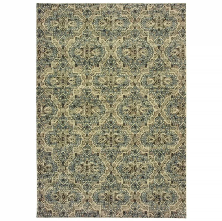 Ivory and Blue Geometric Area Rug Photo 1