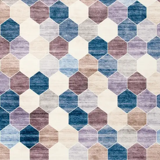 Ivory and Blue Geometric Distressed Area Rug Photo 4