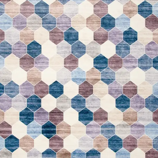 Ivory and Blue Geometric Distressed Area Rug Photo 5