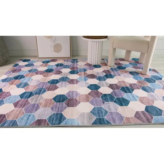 Ivory and Blue Geometric Distressed Area Rug Photo 6