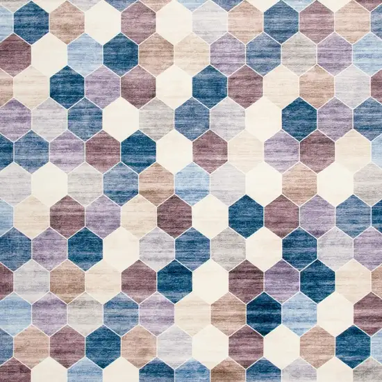 Ivory and Blue Geometric Distressed Area Rug Photo 6