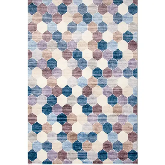 Ivory and Blue Geometric Distressed Area Rug Photo 2