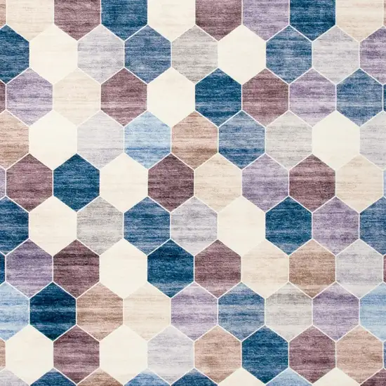 Ivory and Blue Geometric Distressed Area Rug Photo 4