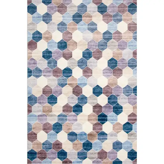 Ivory and Blue Geometric Distressed Area Rug Photo 5