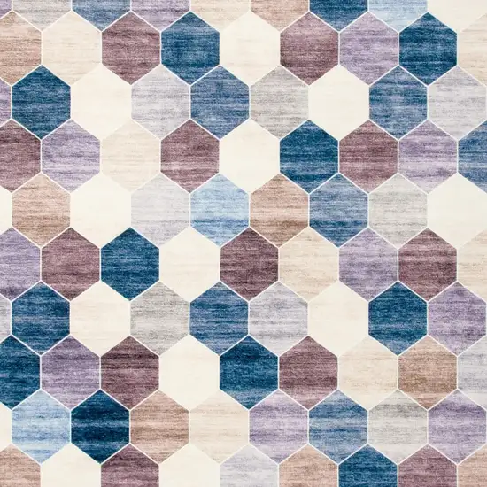 Ivory and Blue Geometric Distressed Area Rug Photo 4