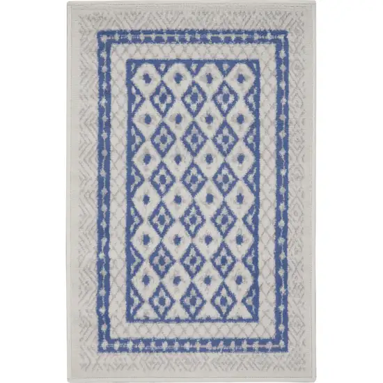 Ivory and Blue Geometric Distressed Area Rug Photo 2