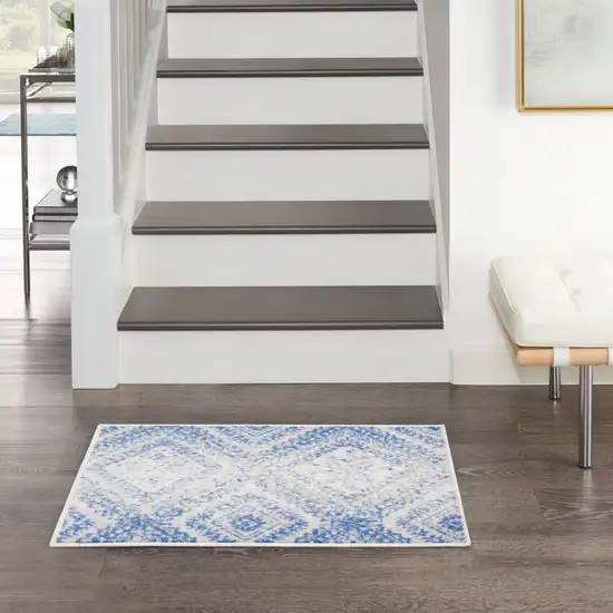 Ivory and Blue Geometric Distressed Area Rug Photo 8