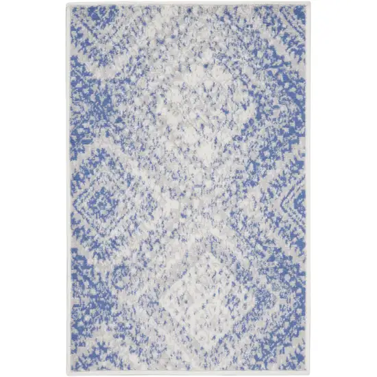 Ivory and Blue Geometric Distressed Area Rug Photo 4