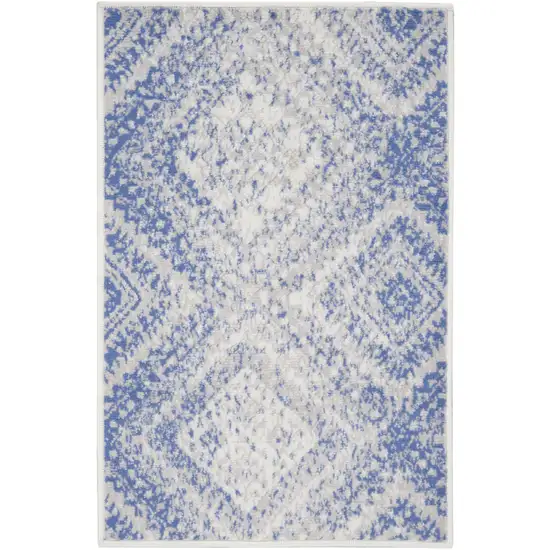 Ivory and Blue Geometric Distressed Area Rug Photo 2