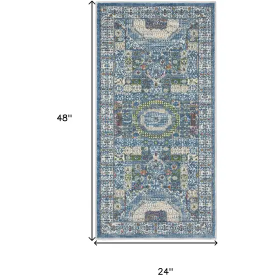 Ivory and Blue Geometric Distressed Non Skid Area Rug Photo 3