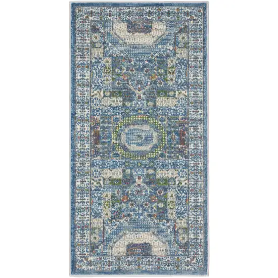 Ivory and Blue Geometric Distressed Non Skid Area Rug Photo 2