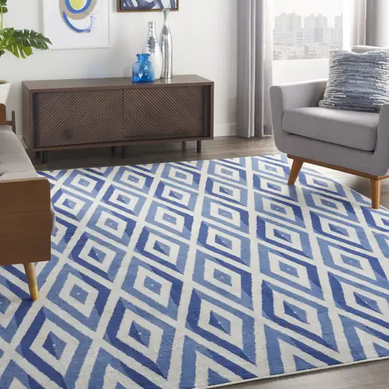 Ivory and Blue Geometric Distressed Non Skid Area Rug Photo 9