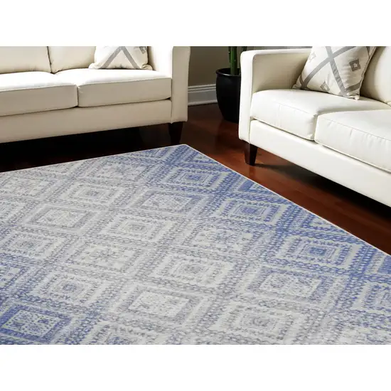 Ivory and Blue Geometric Distressed Non Skid Area Rug Photo 1