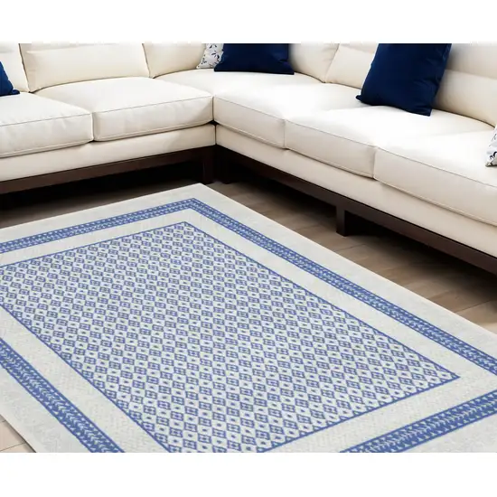 Ivory and Blue Geometric Distressed Non Skid Area Rug Photo 1