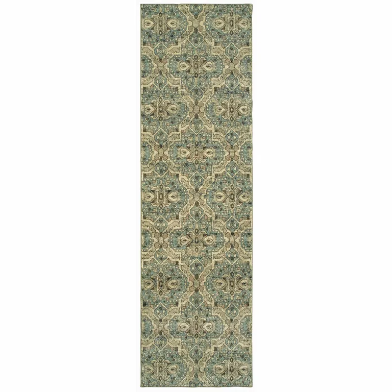 Ivory and Blue Geometric Runner Rug Photo 1