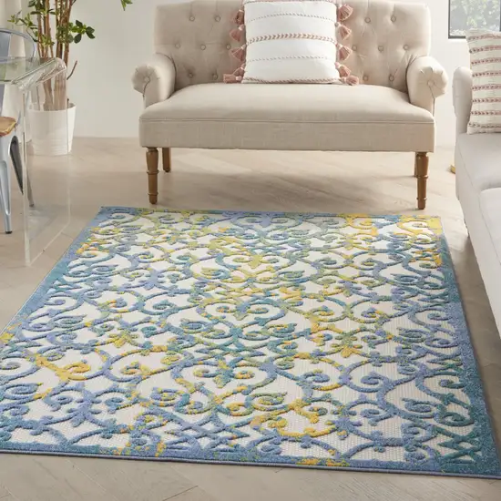 Ivory And Blue Floral Indoor Outdoor Area Rug Photo 6