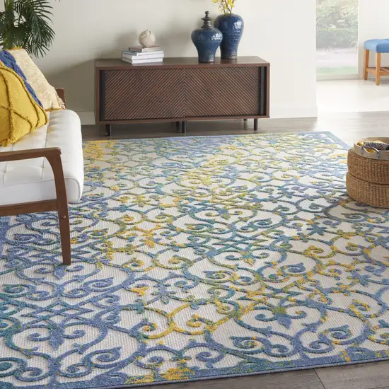 Ivory And Blue Floral Indoor Outdoor Area Rug Photo 7