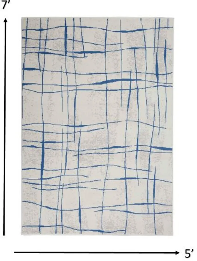 Ivory and Blue Irregular Grids Area Rug Photo 1