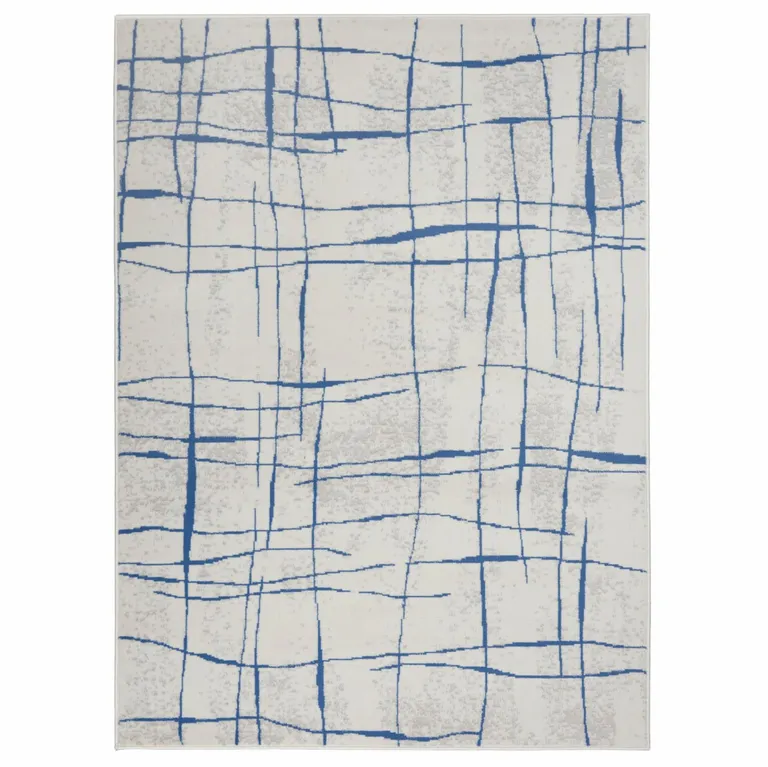 Ivory and Blue Irregular Grids Area Rug Photo 3