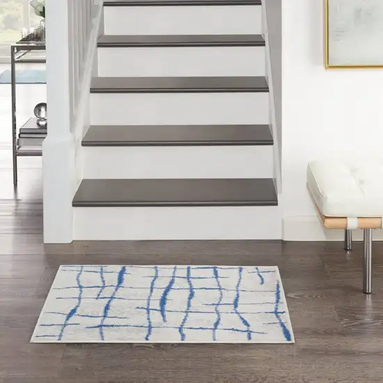 Ivory and Blue Irregular Grids Area Rug Photo 6