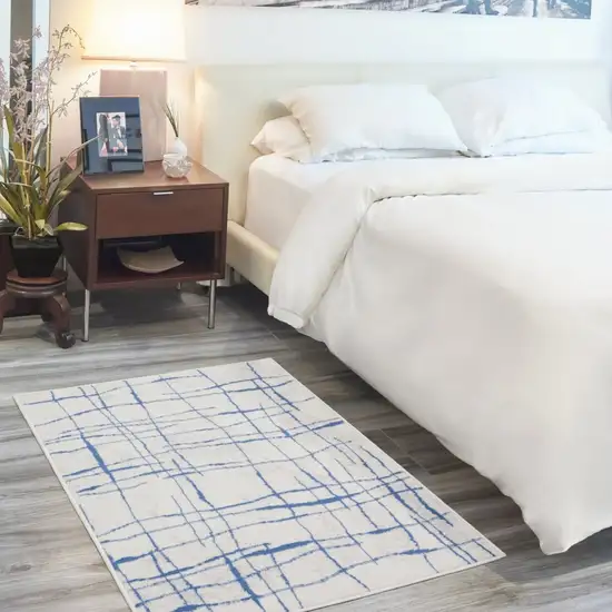 Ivory and Blue Irregular Grids Area Rug Photo 7