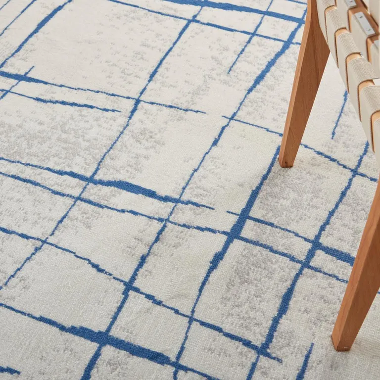 Ivory and Blue Irregular Grids Area Rug Photo 2