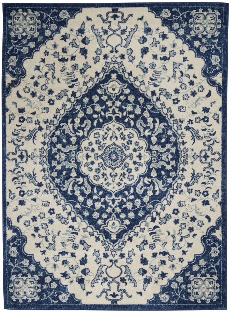 Ivory and Blue Medallion Area Rug Photo 1