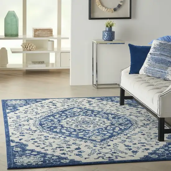 Ivory and Blue Medallion Area Rug Photo 7