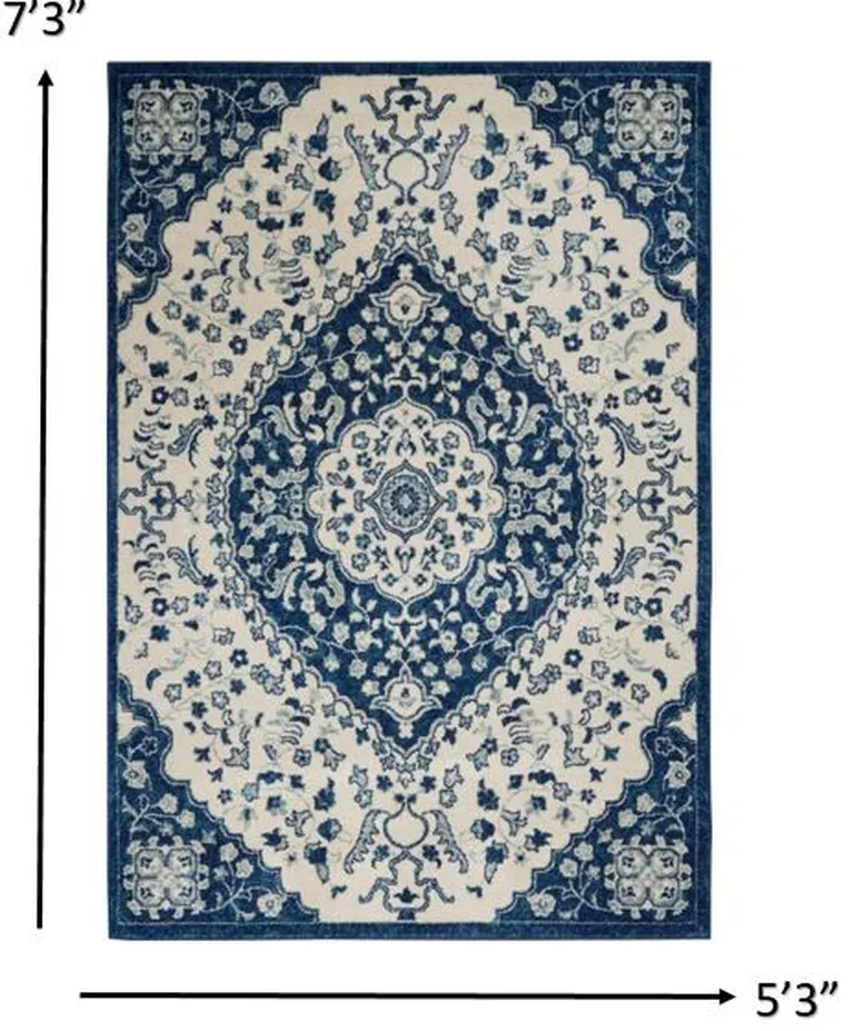 Ivory and Blue Medallion Area Rug Photo 5