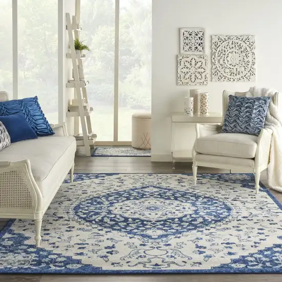 Ivory and Blue Medallion Area Rug Photo 6