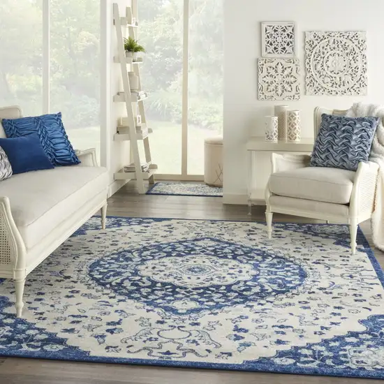 Ivory and Blue Medallion Area Rug Photo 8