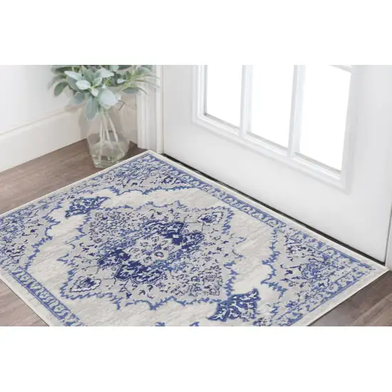 Ivory and Blue Medallion Area Rug Photo 1