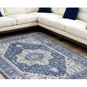 Photo of Ivory and Blue Medallion Distressed Non Skid Area Rug