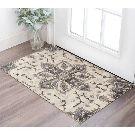 Ivory Gray and Black Floral Medallion Power Loom Area Rug Photo 1