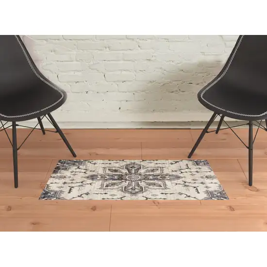 Ivory and Blue Medallion Power Loom Area Rug Photo 2