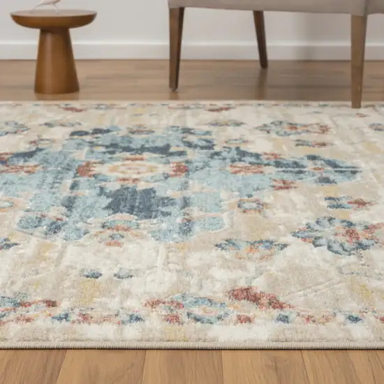 Ivory and Blue Medallion Power Loom Area Rug Photo 9