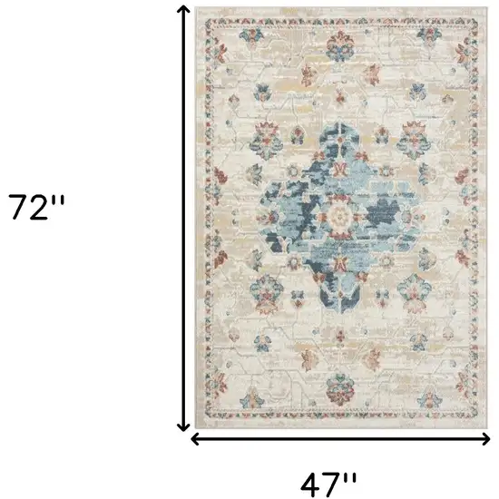 Ivory and Blue Medallion Power Loom Area Rug Photo 3