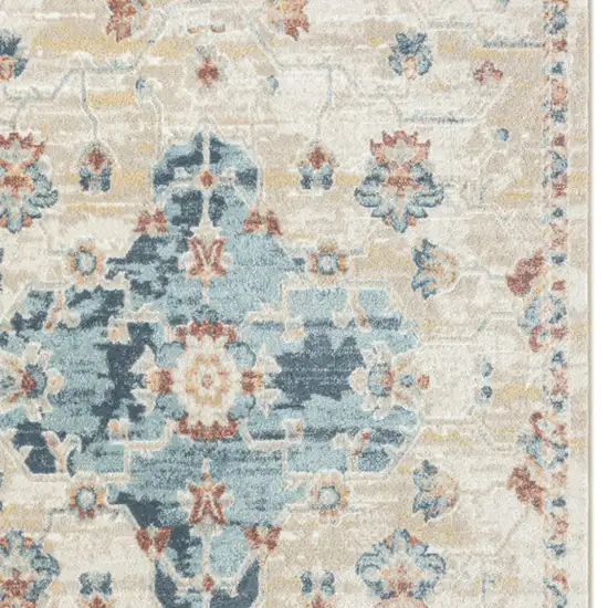 Ivory and Blue Medallion Power Loom Area Rug Photo 6