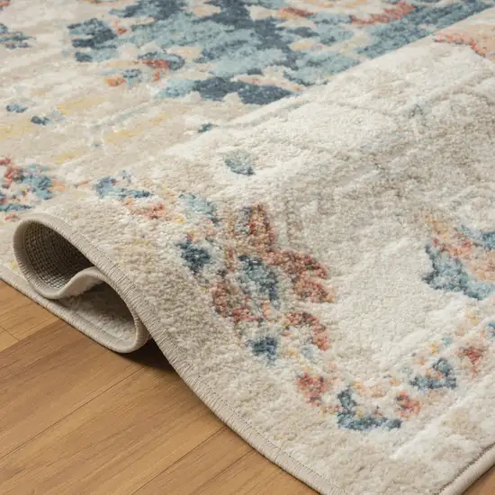 Ivory and Blue Medallion Power Loom Area Rug Photo 5