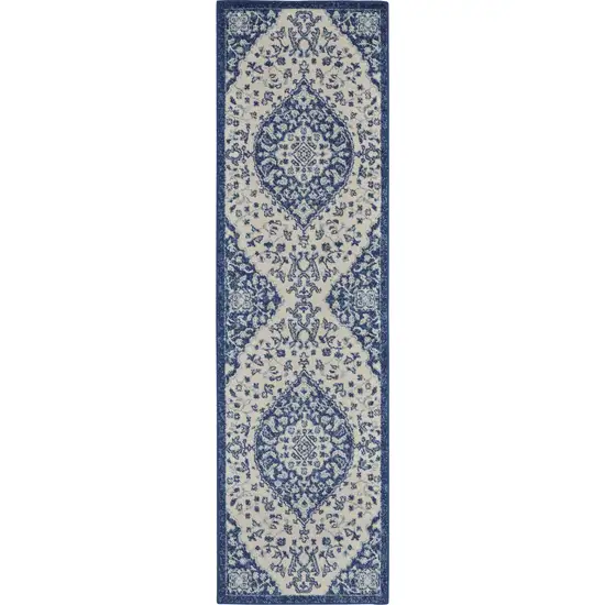 8' Blue And Ivory Power Loom Runner Rug Photo 8