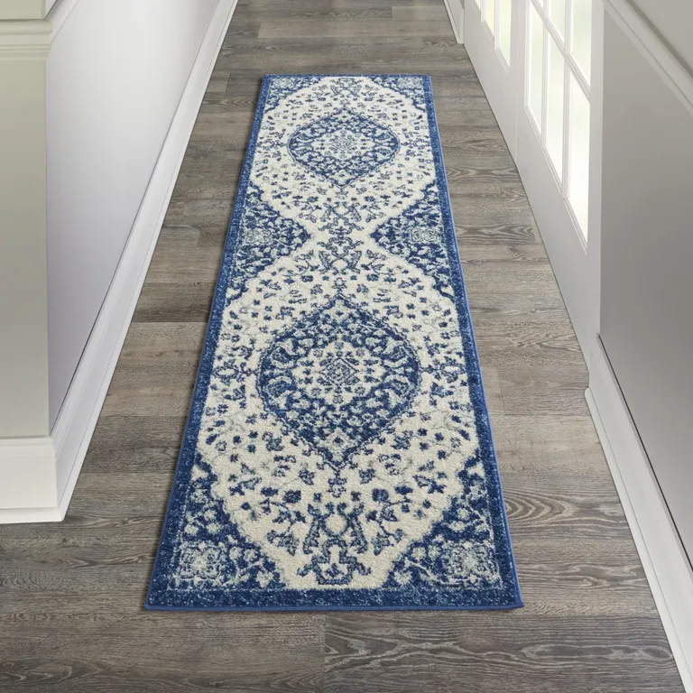 Ivory and Blue Medallion Runner Rug Photo 2