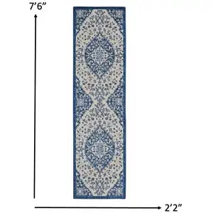 Photo of Ivory and Blue Medallion Runner Rug