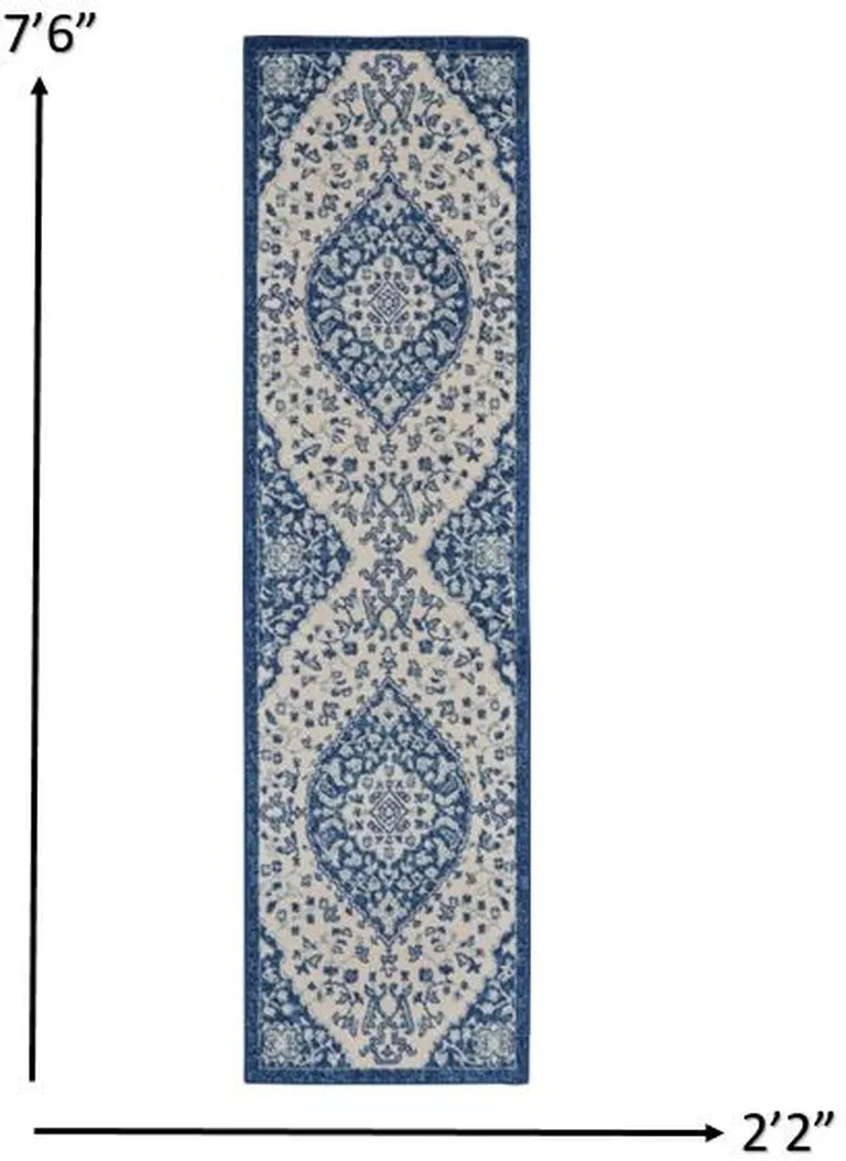 Ivory and Blue Medallion Runner Rug Photo 1