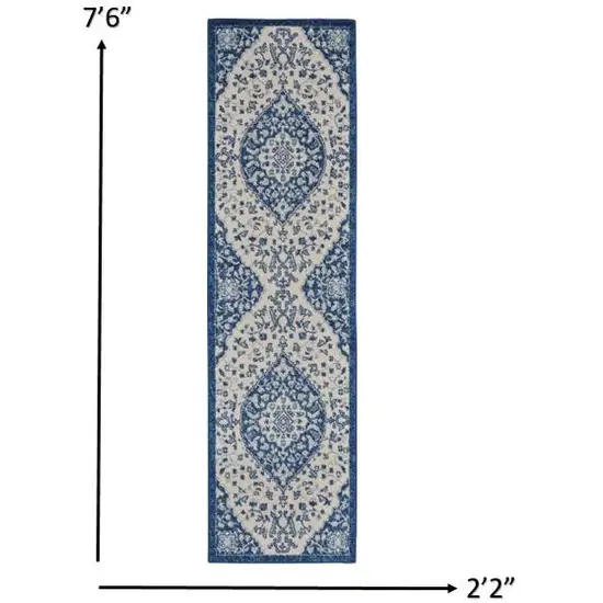 Ivory and Blue Medallion Runner Rug Photo 5