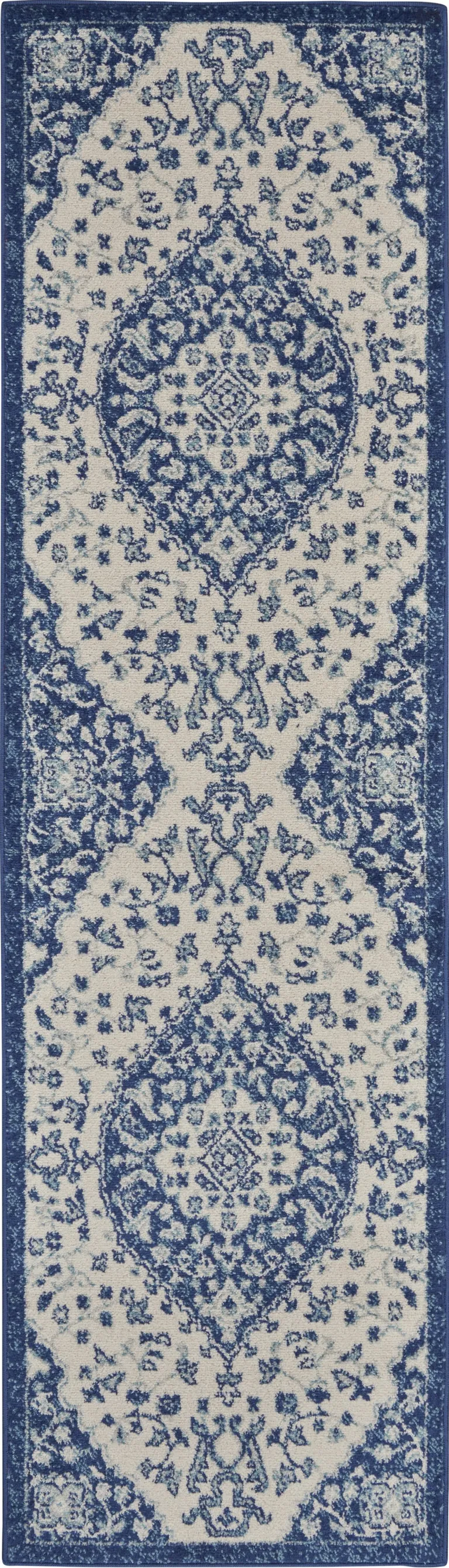 Ivory and Blue Medallion Runner Rug Photo 3