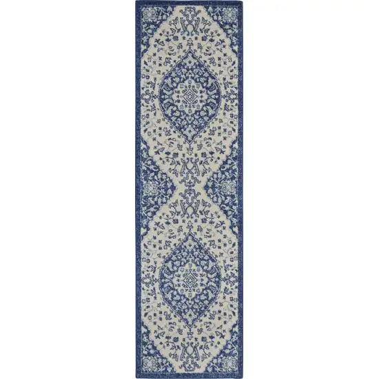 Ivory and Blue Medallion Runner Rug Photo 1