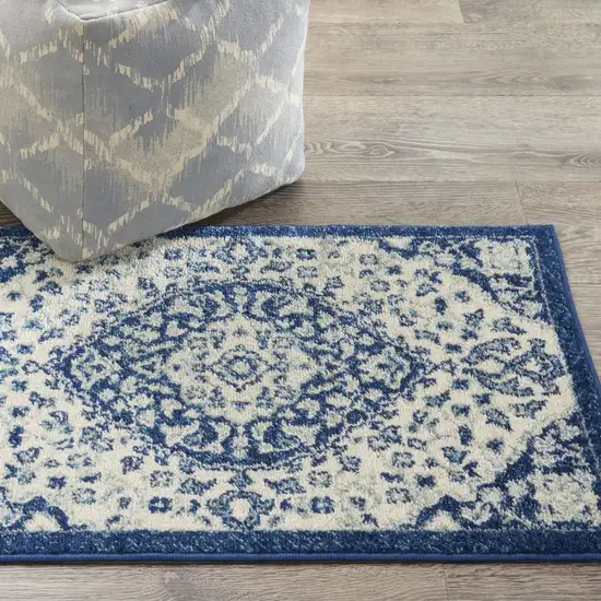 Ivory and Blue Medallion Scatter Rug Photo 7