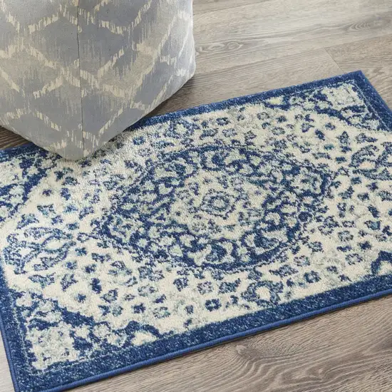 Ivory and Blue Medallion Scatter Rug Photo 8