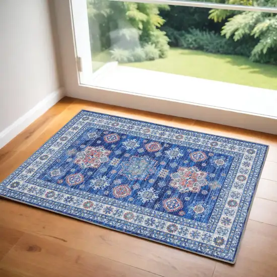 Ivory and Blue Oriental Distressed Non Skid Area Rug Photo 1