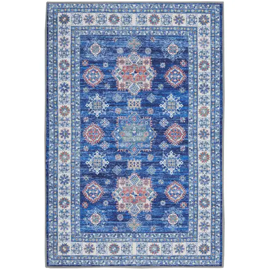 Ivory and Blue Oriental Distressed Non Skid Area Rug Photo 2